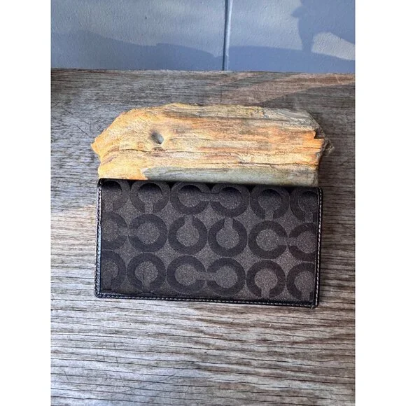 Coach Signature Canvas Checkbook Wallet Black Purple Interior Snap Closure - Picture 2 of 9